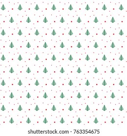 Green Christmas tree pattern with red dots on white background, seamless illustration vector template for gift wrapping paper