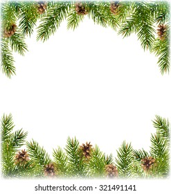 Green Christmas Tree Pine Branches with Pinecones Like Frame with Snowfall on White Background