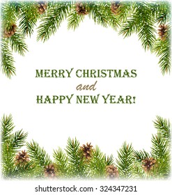 Green Christmas Tree Pine Branches with Pinecones Like Frame with Snowfall on White Background