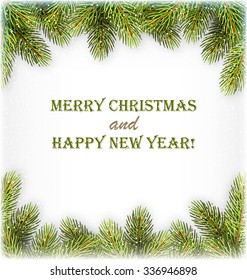 Green Christmas Tree Pine Branches Like Frame with Snowfall on White Background
