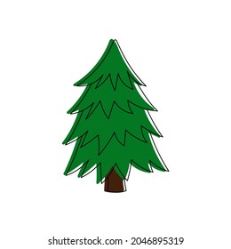 Green Christmas tree. Pine tree. Line art. Doodle style. Isolated vector illustration 