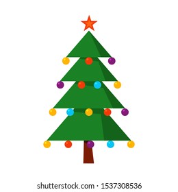 Green christmas tree with red star and lights on it. New year holiday decoration. Greeting card design element. Isolated flat vector illustration