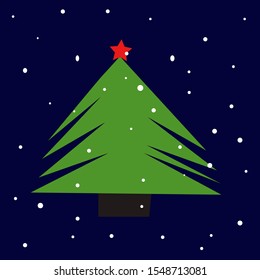 Green Christmas tree with a red star on a dark background, snowflakes. Vector