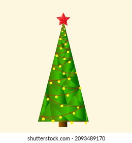 
green christmas tree with red star and yellow bulbs on yellow background