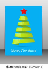 Green Christmas tree from ribbon with red star. Greeting card. Vector illustration
