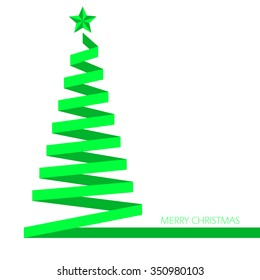 Green Christmas tree ribbon with star isolated on white background. Flat xmas symbol. Trendy internet concept. Modern sign for web site button, mobile app, ui design. Logo illustration.