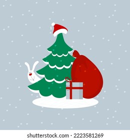 A green christmas tree with santa claus hat, red bag, gift box and cute happy smiling white bunny or hare. Editable flat style vector illustration