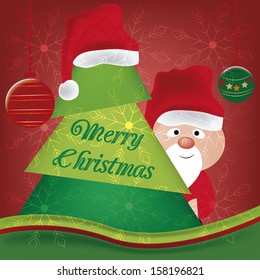 a green christmas tree with santa in a red snowflakes background