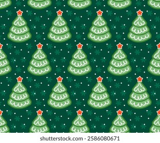 Green Christmas tree seamless pattern. Green Christmas tree on dark green background, New year pattern for wrapping paper, fabric, card