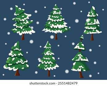 Green christmas tree set with snow on the leaves. New years stock illustration vector. Winter Holiday Isolated Pines for Greeting Cards and Invitation Design