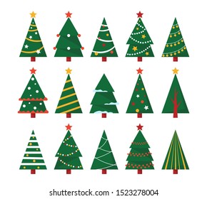 Green christmas tree set vector isolated. Green fur with decoration and star, new year celebration. Symbol of winter holiday.