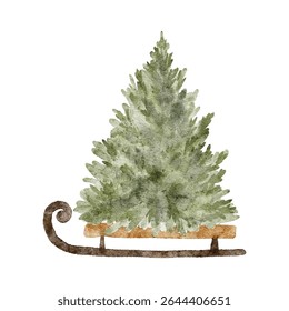 A green Christmas tree sits on a brown wooden sledge vector design clip art. Vector illustration