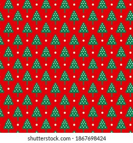 Green Christmas tree and small white dot with red background. Seamless pattern. Applicable for covers, cards, posters and banner designs. Christmas theme.