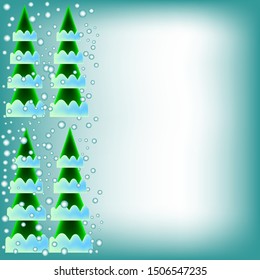 Green christmas tree with snow on a blue background with space for text. New Year card. Vector illustration