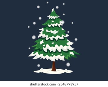 Green christmas tree with snow on the leaves. New years stock illustration vector. Winter Holiday Isolated Pines for Greeting Cards and Invitation Design