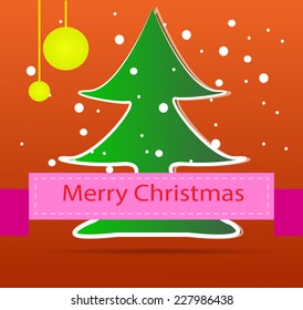 Green Christmas tree and snowing with pink label and red background