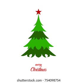 Green Christmas tree with star and text Merry Christmas on blank background