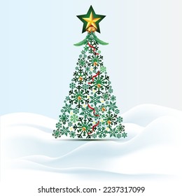 green Christmas tree with star vector art background 