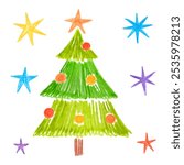 Green christmas tree and stars. Doodle drawing by hand with colored pencils. Drawings with crayon. Cute simple children