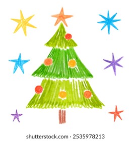 Green christmas tree and stars. Doodle drawing by hand with colored pencils. Drawings with crayon. Cute simple children's drawings. Cristmas and New Year's design element isolated on white.