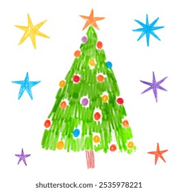 Green christmas tree and stars. Doodle drawing by hand with colored pencils. Drawings with crayon. Cute simple children's drawings. Cristmas and New Year's design element isolated on white.