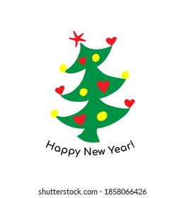Green Christmas tree as a symbol of Happy New Year, Marry Christmas holiday celebration. Sparkle light decoration. Bright shiny design. Vector flat illustration, isolated objects.
