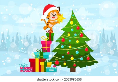 Green Christmas tree. A tiger cub dresses up a Christmas tree with toys. Christmas card with a tiger on the gifts and a decorated tree.