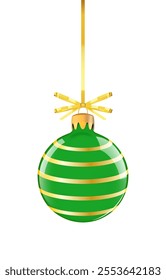 Green Christmas tree toy, Christmas ball with golden ribbon and stripes, holiday decoration, realistic vector.