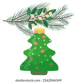 Green Christmas tree toy creates a festive atmosphere. Ideal element for a festive mood. Vector illustration for a poster, greeting card and design for kids.