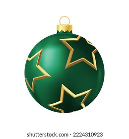 Green Christmas tree toy with golden stars Realistic color illustration