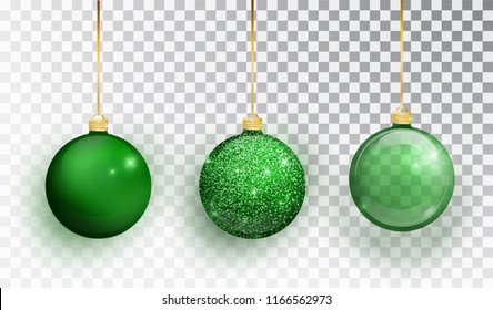 Green Christmas tree toy set isolated on a transparent background. Stocking Christmas decorations. Vector object for christmas design, mockup. Vector realistic object Illustration 10 EPS