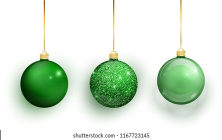 Green Christmas tree toy set isolated on white background. Stocking Christmas decorations. Vector object for christmas design, mockup. Vector realistic object Illustration 10 EPS