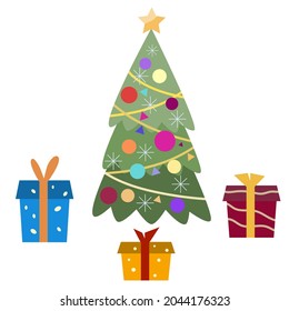 Green Christmas tree with toys, garlands. Gift boxes lie under the coniferous branches.