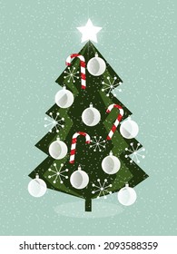 Green Christmas tree with transparent white balls, candy canes and snowflakes on a light blue background. New Year holiday card. Vector.