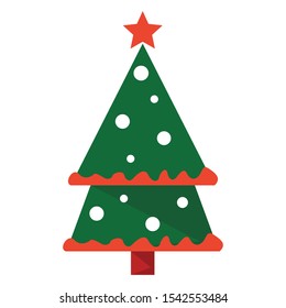 Green christmas tree vector isolated. Green fur with decoration and star, new year celebration. Symbol of winter holiday.