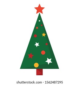 Green christmas tree vector isolated. Green fur with decoration and star, new year celebration. Symbol of winter holiday.