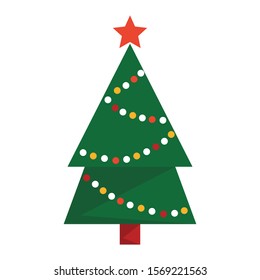 Green christmas tree vector isolated. Green fur with decoration and star, new year celebration. Symbol of winter holiday.