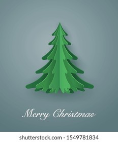 Green Christmas tree in vector paper art design. new year card or merry Christmas.