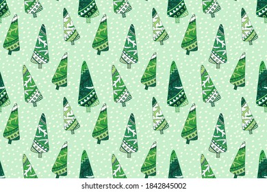 Green Christmas Tree Vector Seamless Pattern with Snowflakes. Green Winter Holiday repeated illustration for New Year design, x-mas banner, hygge poster, sticker. EPS10