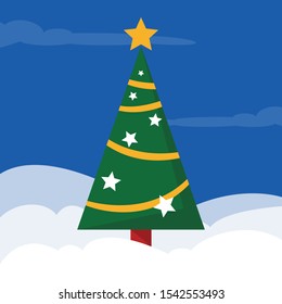 Green christmas tree vector in winter. Green fur with decoration and star, new year celebration. Symbol of winter holiday.