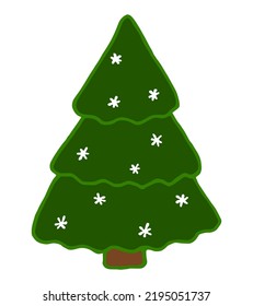 Green Christmas tree with white snowflakes in a children's style. For the design of Christmas cards and patterns.