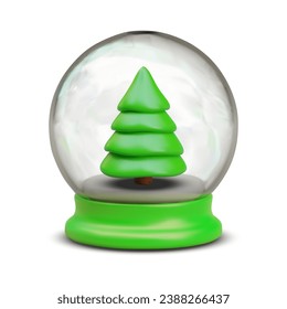 Árbol de Navidad verde sin decoraciones y nieve en bola de vidrio. Burla de vectores, lugar para el logo, decoraciones, fechas de eventos. Ilustración de color con un estilo realista. Imagen aislada con sombra