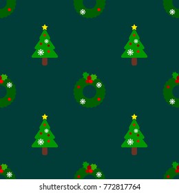 Green christmas tree and wreath are set as a seamless pattern on green background for christmas season.