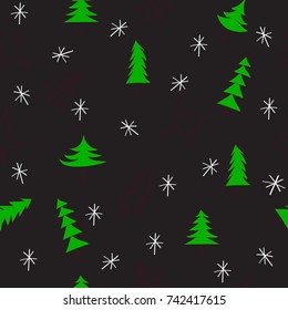 green Christmas trees of different shapes, New Year trees on a black background with stylized snowflakes. seamless pattern in a naive manner. Freehand drawing vector. 
