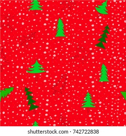 green Christmas trees of different shapes, New Year trees on a red background with stylized snow. seamless pattern in a naive manner. Freehand drawing vector.
