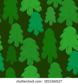 Árboles verdes de Navidad en el bosque. Patrón sin foco. Ilustración gráfica plana vectorial a mano. Textura.