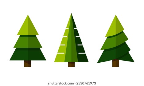 Green Christmas Trees illustrattion, Merry christmas cut out graphic elements in Flat style for Decoration, Isolate Cartoon Pine trees, Xmas Celebration and Party (Editable)