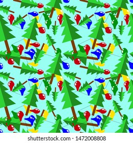 Green Christmas trees with light bulbs on a clear blue background
