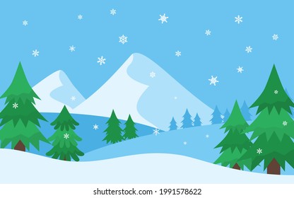 Green Christmas trees in the mountains, snowflakes are flying, beautiful simple background for text, greeting card, banner, poster. Layered winter composition with snow. Wrapping paper. Vector flat
