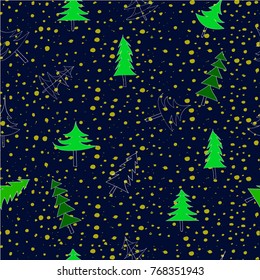 green Christmas trees and trees painted with a thin line, New Year trees on a dark background with yellow currents, stylized lights.  seamless pattern in a naive manner.